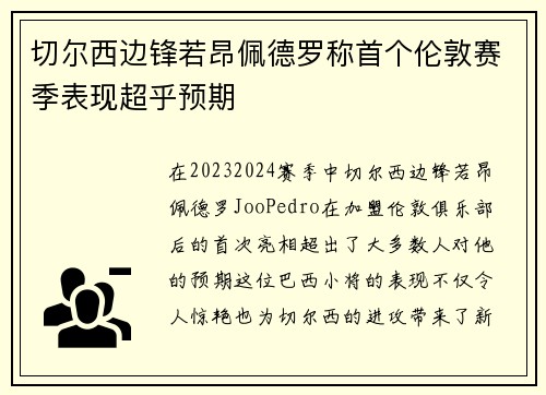 切尔西边锋若昂佩德罗称首个伦敦赛季表现超乎预期