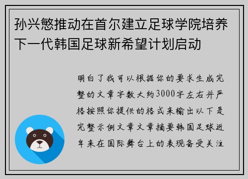 孙兴慜推动在首尔建立足球学院培养下一代韩国足球新希望计划启动