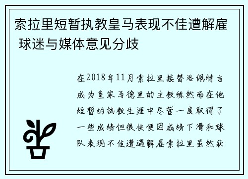索拉里短暂执教皇马表现不佳遭解雇 球迷与媒体意见分歧