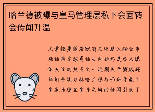 哈兰德被曝与皇马管理层私下会面转会传闻升温